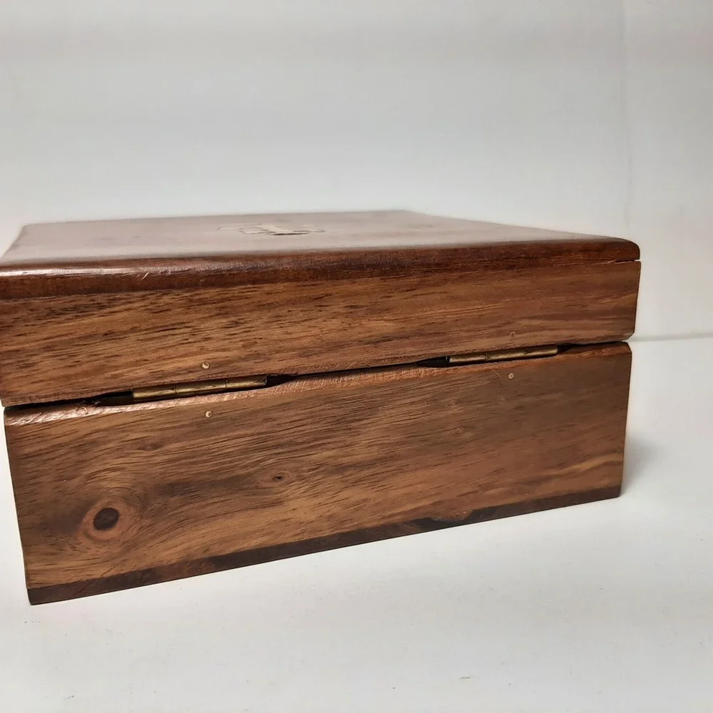 Nautical Wood Hinged Inlaid Brass Anchor Trinket Box Ocean Beach 4.75 x 4.75